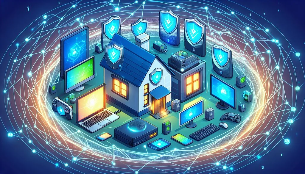 Uma casa cercada por ícones brilhantes de escudo e cadeado em azul e dispositivos conectados sobre uma malha de rede escura, mostrando uma rede doméstica criptografada.