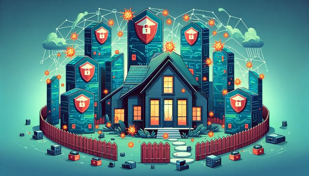 Uma casa atrás de uma cerca vermelha apoiada por torres de servidor com escudos de cadeado, com explosões laranja de malware ao redor, repelidas por defesas corrigidas.