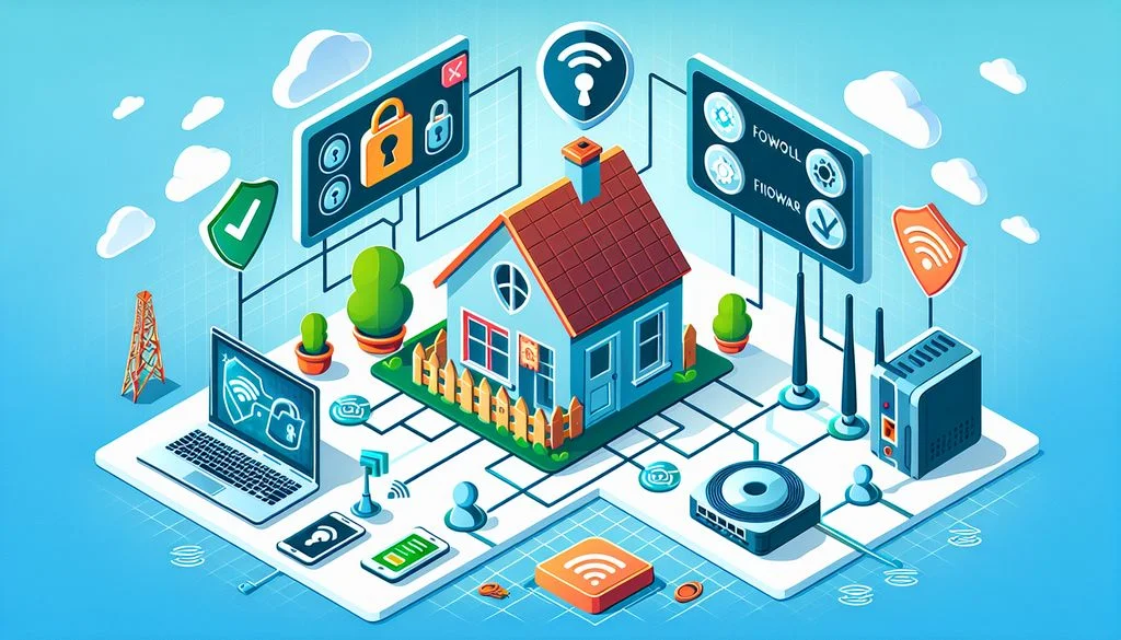 Cena isométrica de rede doméstica com uma casa conectada a um laptop, telefone e roteador, além de ícones flutuantes de cadeado e escudo para controle de acesso.