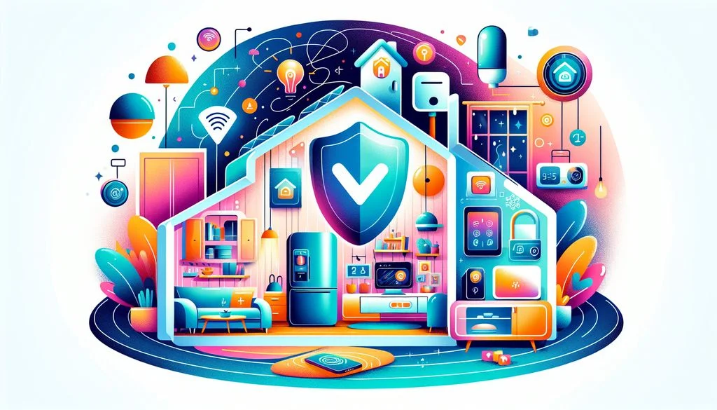 Corte transversal de um interior de casa inteligente com um grande escudo de verificação central e ícones de dispositivos conectados, representando uma rede protegida e livre de malware.