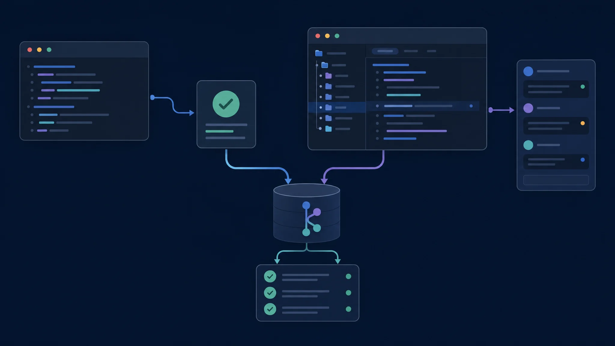 Painéis de automação de terminal e revisão desktop ligados ao mesmo repository e a uma checklist independente