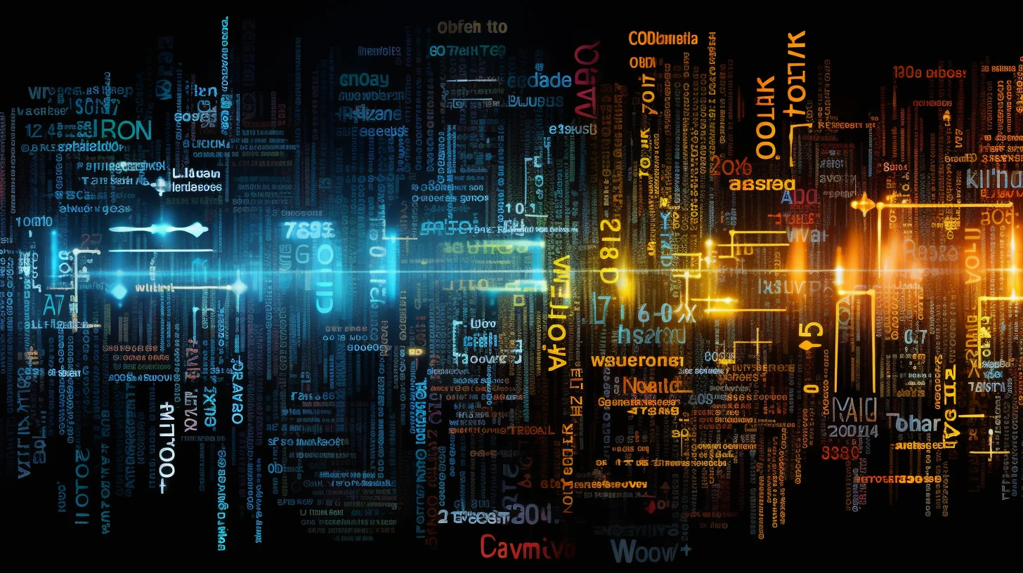 Uma seção ilustrando abreviações relacionadas à tecnologia. Uma representação visual de criptografia de dados e IA.