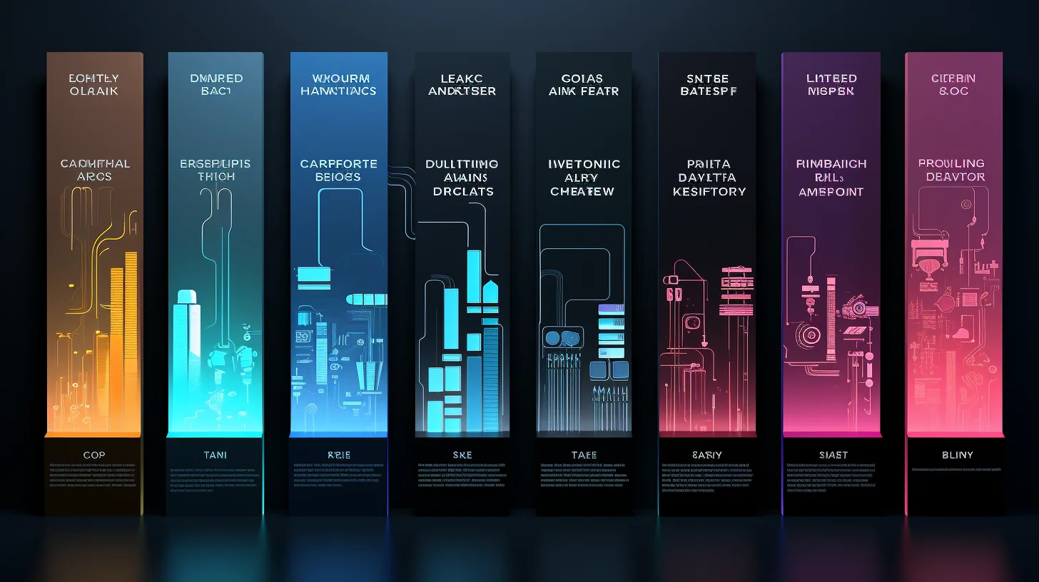Seções apresentando termos relacionados à tecnologia. Uma representação visual de diversos conceitos tecnológicos.