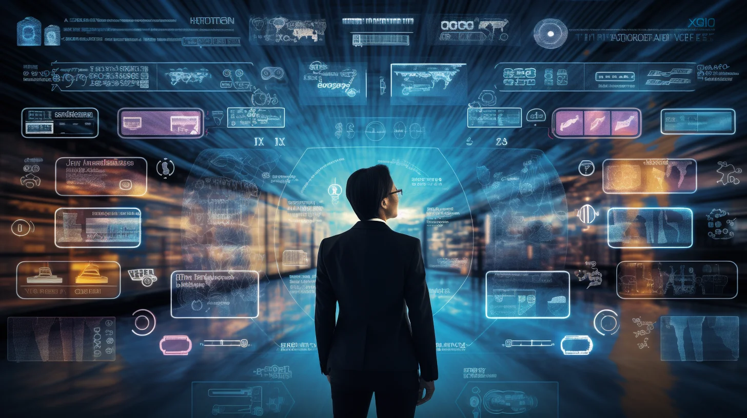 Seções destacando termos relacionados à tecnologia. Uma representação visual de diversos conceitos tecnológicos ao redor de um homem de terno.