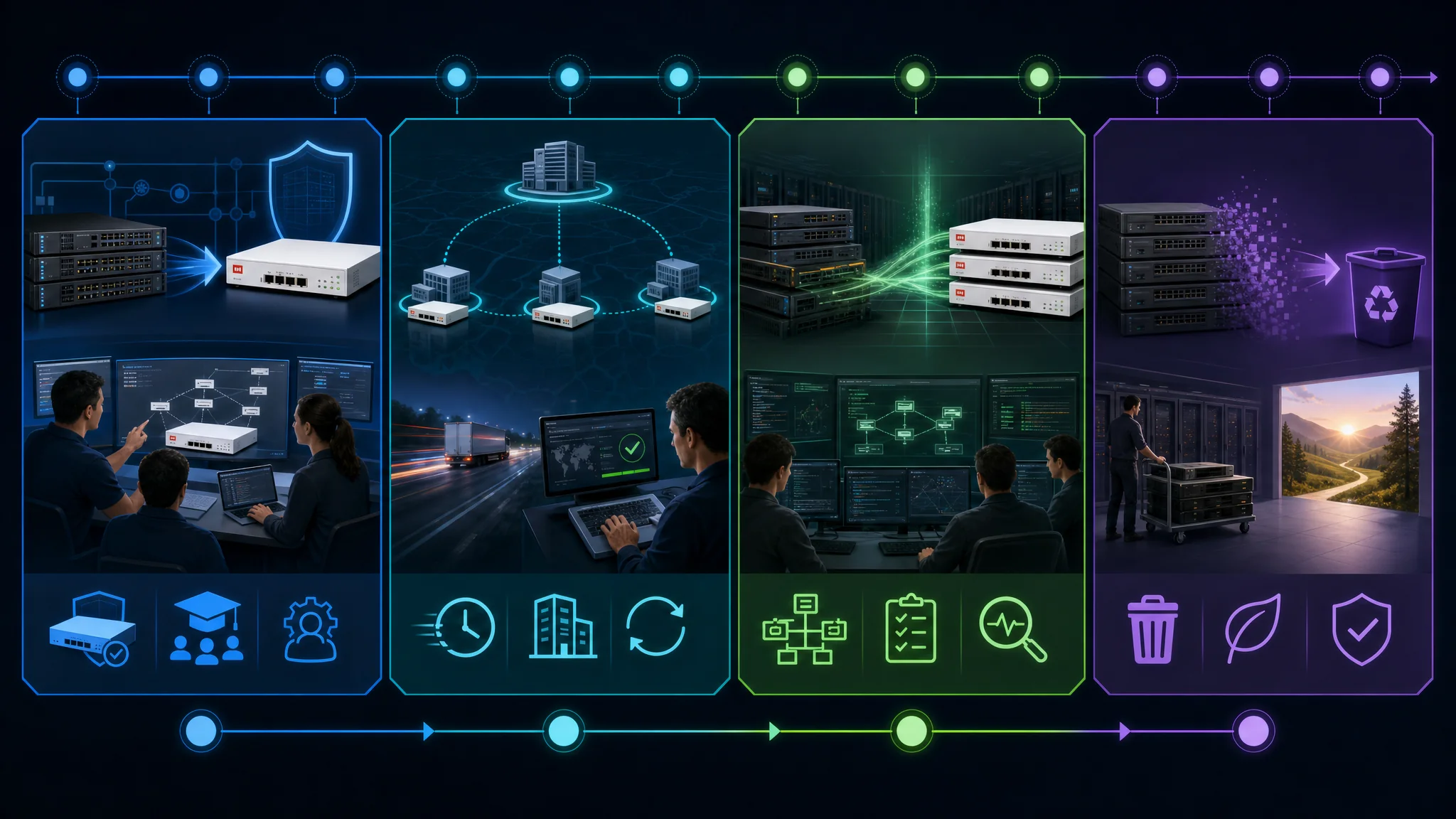 Diagrama de linha do tempo mostrando uma migração faseada de 12 meses de Cisco para Fortinet em segurança de rede cobrindo implantação piloto nos meses 1 a 2, rollout em filiais nos meses 3 a 6, corte no data center nos meses 7 a 9 e descomissionamento final nos meses 10 a 12