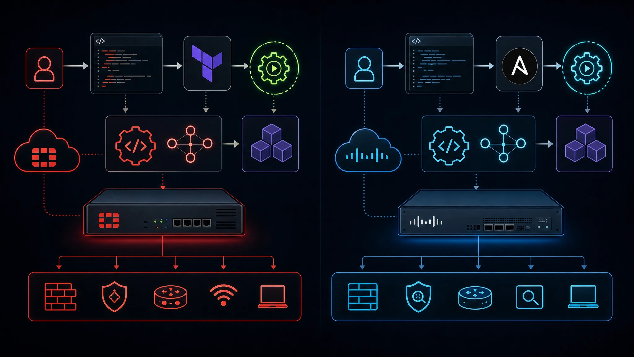 Diagrama comparando o fluxo de trabalho de automação FortiGate REST API e Terraform contra a API Cisco Firepower Management Center e módulos Ansible para infraestrutura de segurança de rede como código
