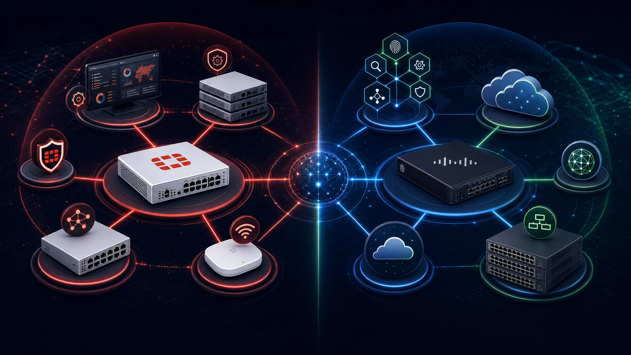 Diagrama de comparação mostrando o ecossistema de produtos Fortinet Security Fabric incluindo FortiGate, FortiSwitch, FortiManager e FortiAP versus o ecossistema Cisco Secure incluindo Firepower, Catalyst, SecureX e Umbrella