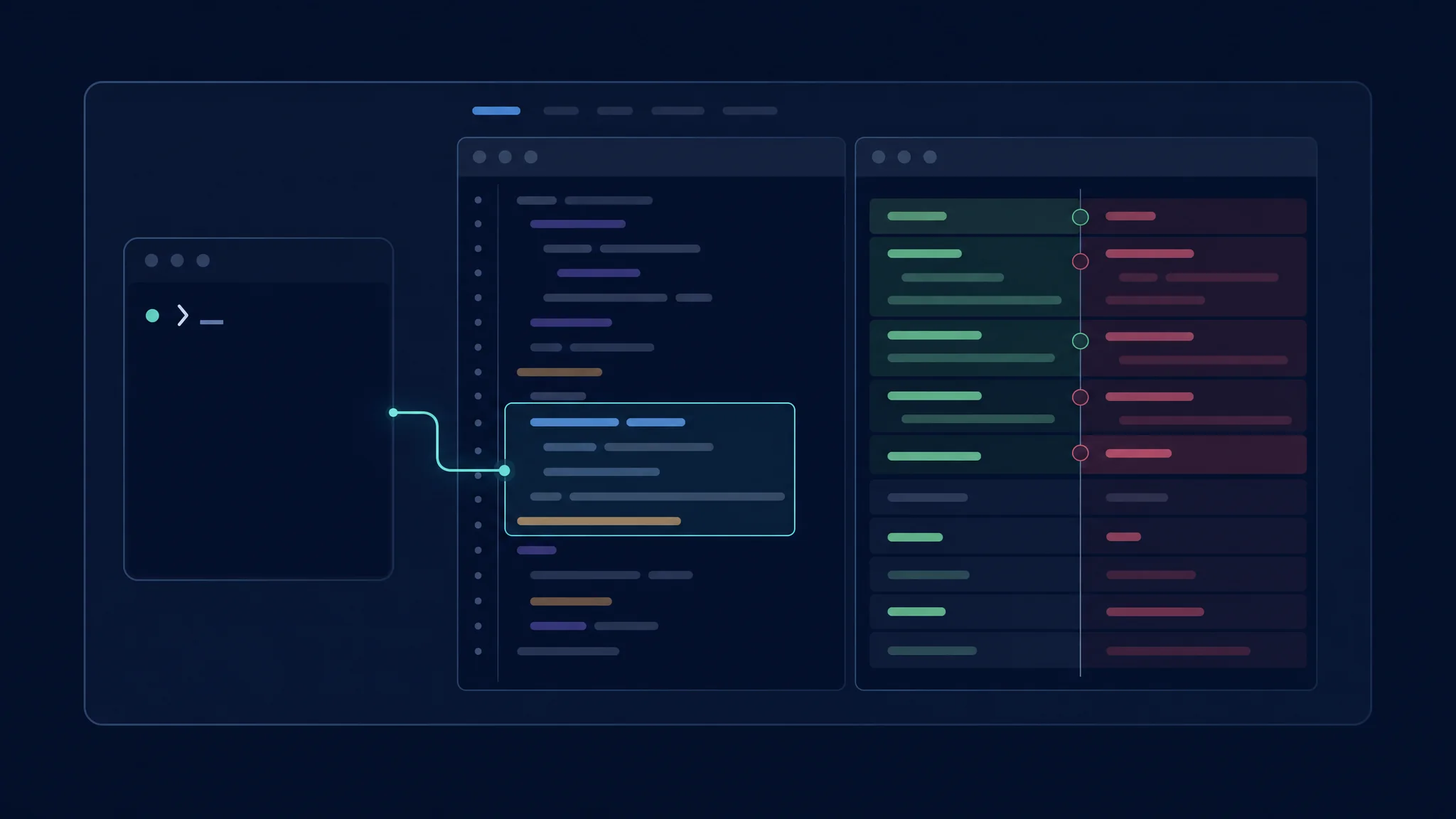 Prompt de terminal ligado a uma seleção do editor e a uma diferença de código lado a lado em um espaço de repositório