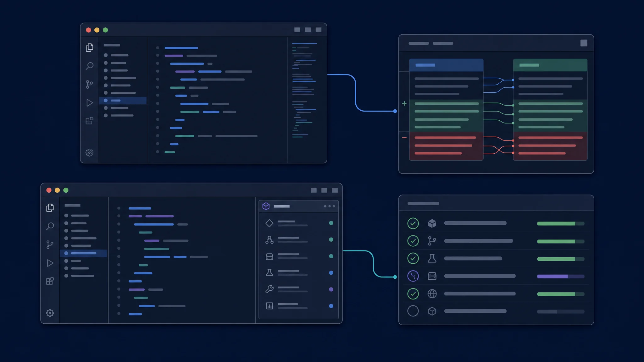 Layouts de editor completo e extensão convergem para diff visual, painel de diagnóstico e lista de testes independente