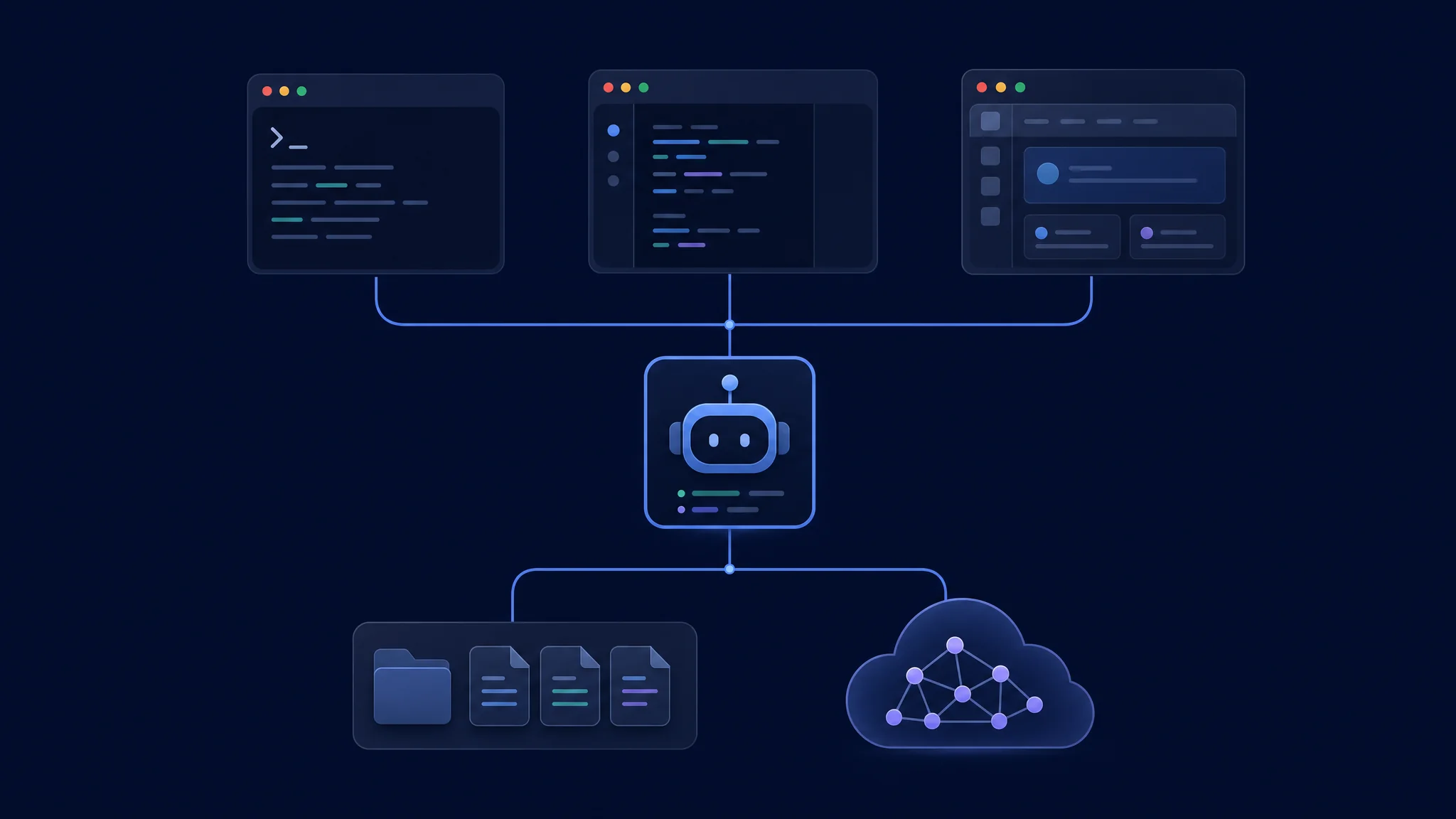 Clientes de terminal e desktop conectados a um servidor de agente, arquivos do repositório e um serviço de inferência separado