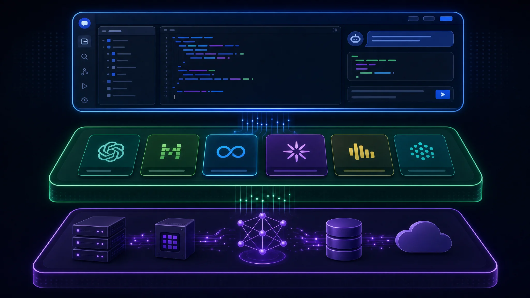 Diagrama que separa a interface do agente de programação, a escolha do modelo e os serviços de inferência locais ou hospedados