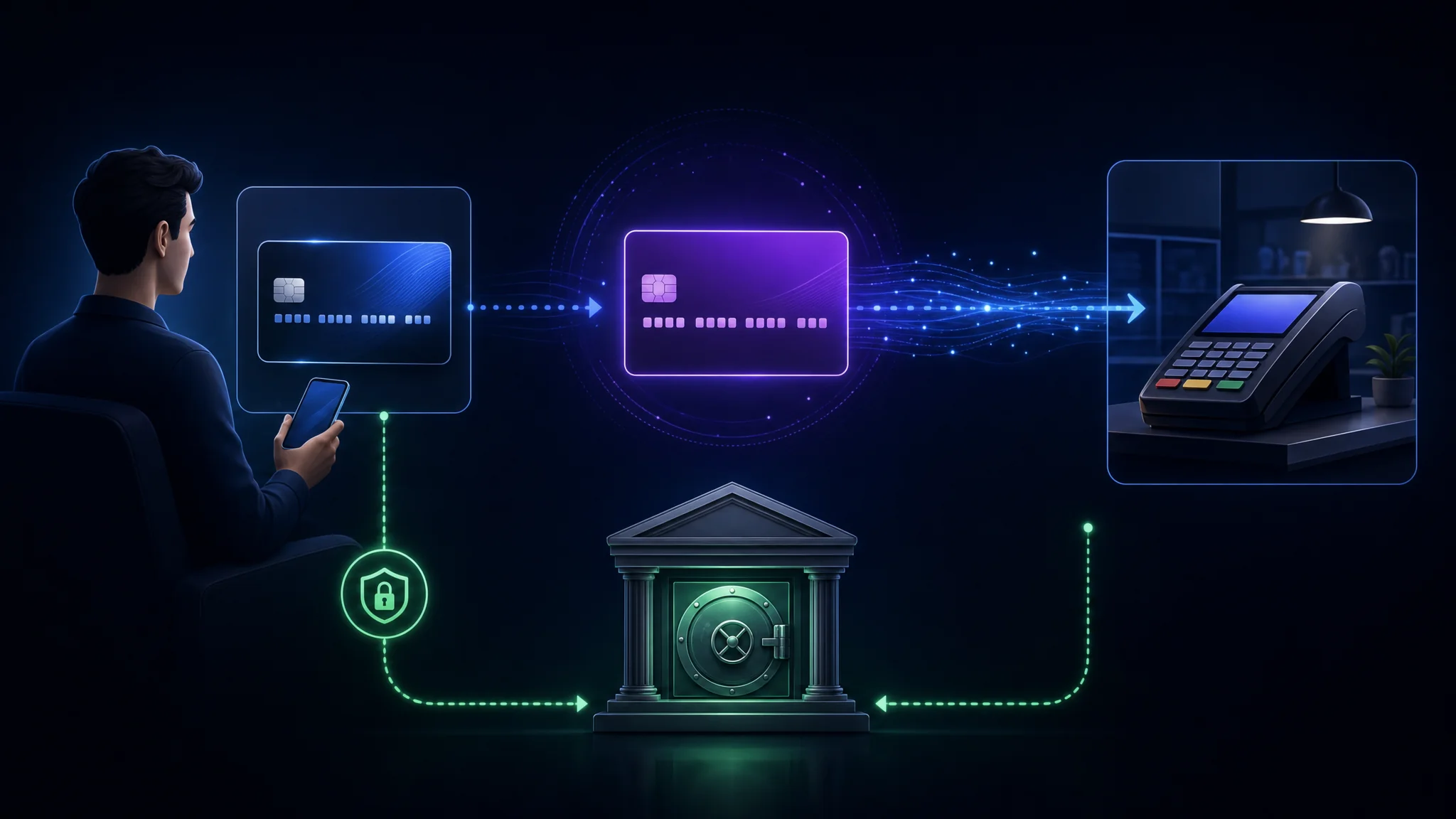 Diagrama mostrando um número de cartão virtual indo para o comerciante enquanto o número real do cartão permanece entre o titular e o banco emissor