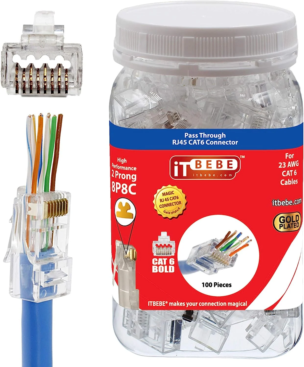 ITBEBE 50 Peças RJ45 Cat6 Pass Through Banhado a Ouro
