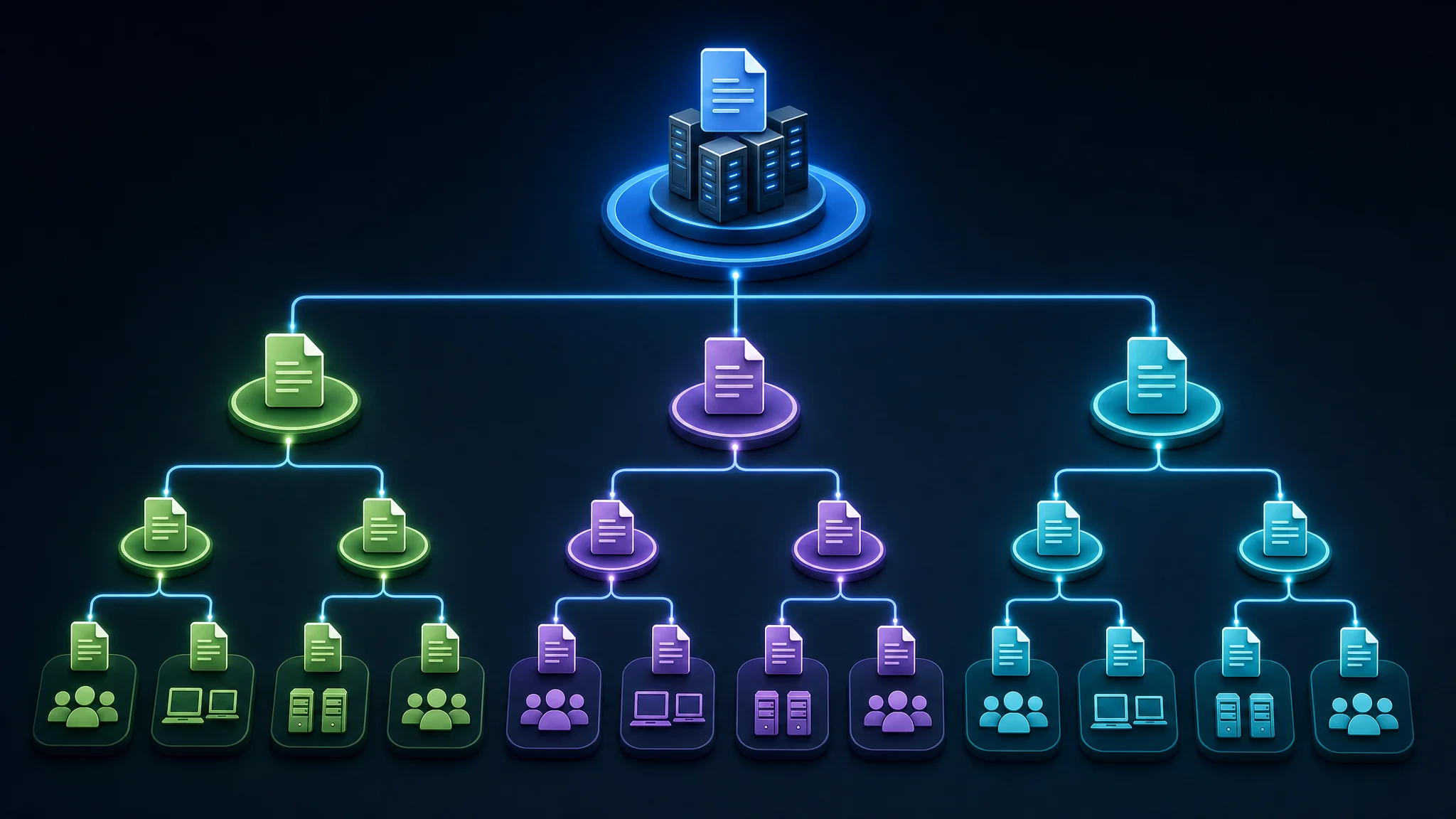Diagrama mostrando a hierarquia e herança de GPOs dentro de um domínio Active Directory, desde GPOs no nível de domínio até GPOs em unidades organizacionais