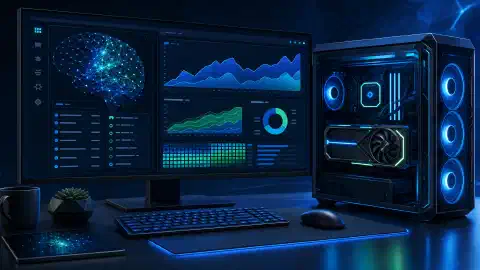 Estação de trabalho GPU ilustrada com gráficos abstratos e uma rede neural no monitor