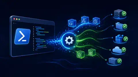 Uma ilustração apresentando um terminal PowerShell estilizado com símbolos abstratos ao redor, representando gerenciamento de configuração e automação, sobre um fundo azul marinho profundo.
