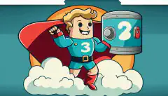 Um personagem de desenho animado com uma capa segurando um escudo com o número 3 nele, em pé sobre duas caixas de armazenamento, uma representando um disco rígido e a outra uma nuvem, e apontando para um globo representando armazenamento externo.