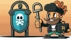 Um hacker de desenho animado ao lado de uma grande fechadura com uma mão segurando uma chave com o logotipo da Fernet e a outra segurando uma chave com o logotipo da Malboge enquanto uma bandeira é vista dentro da fechadura