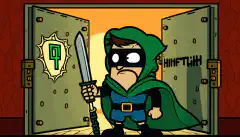 Um hacker de desenho animado usando uma capa e uma máscara, parado na frente de uma porta de cofre com o logotipo HTB e segurando uma ferramenta (como uma chave inglesa ou chave de fenda) com um fundo verde simbolizando o sucesso e a bandeira em um balão acima a cabeça deles.