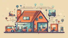 Uma ilustração em desenho animado mostrando uma casa com dispositivos interconectados, tanto com fio quanto sem fio, representando uma configuração ideal de internet residencial.