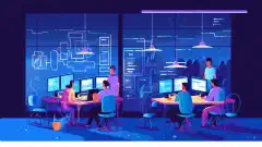 Uma ilustração em desenho animado mostrando desenvolvedores usando Visual Studio Code e Visual Studio Community, trabalhando colaborativamente no desenvolvimento de código.