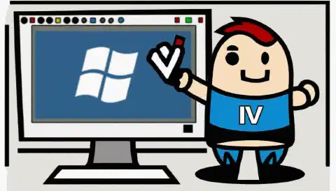 Uma imagem em desenho animado de uma pessoa segurando um pendrive com o logo do Windows e um sinal de verificação, em frente a uma tela de computador com o logo do Windows.