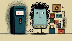 Uma pessoa de desenho animado em frente a um computador, com um símbolo de cadeado acima da cabeça e diferentes tipos de fatores de autenticação, como chave, telefone, impressão digital etc., flutuando ao seu redor