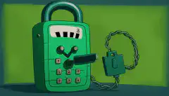 Um telefone de desenho animado com uma tela verde e um cadeado, simbolizando segurança e criptografia, com tons DTMF representados em segundo plano