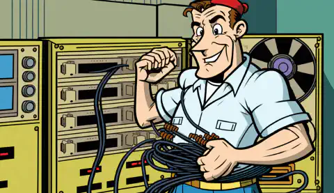 Um técnico de desenho animado segurando um COTS ONT com um cabo de fibra ao fundo.