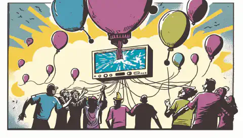 Uma representação caricatural de um grupo de indivíduos explorando um balão de hélio com uma imagem de um gateway LoRaWAN e MiddleMan ou Chirp Stack Packet Multiplexer ao fundo.