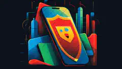 Uma ilustração colorida de desenho animado mostrando um dispositivo Google Pixel com um escudo simbolizando recursos aprimorados de privacidade e segurança.