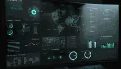 Uma tela de computador exibindo um painel de controle de cibersegurança com gráficos e tabelas refletindo o estado da segurança de uma rede