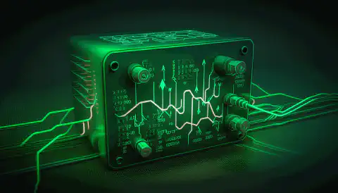 uma placa de circuito verde em forma de caixa com símbolos de conectividade com a Internet como fios conectados a ela.
