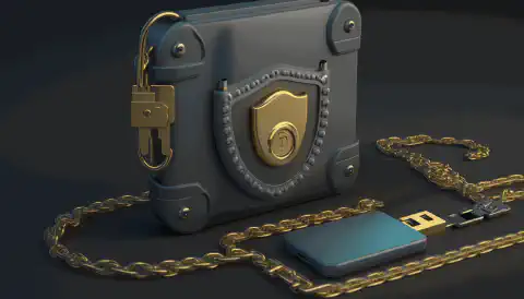 Uma carteira de hardware com um cadeado e uma corrente ao redor, simbolizando a segurança de armazenar criptomoedas em uma carteira de hardware.