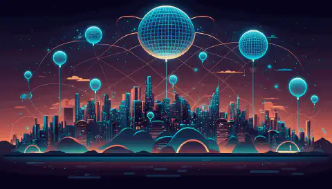 Uma ilustração estilizada de uma paisagem urbana com vários dispositivos IoT conectados a uma rede representada como uma teia de luz, com o logotipo Helium em destaque.