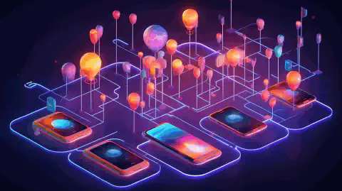 Uma ilustração vibrante que mostra uma rede de dispositivos interconectados com a marca Helium Mobile, simbolizando a abordagem inovadora e descentralizada da conectividade móvel.