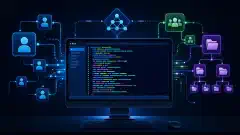 Uma ilustração de uma tela de computador mostrando um console do PowerShell com cmdlets coloridos, cercado por representações abstratas de contas de usuário e grupos, com um fundo escuro.