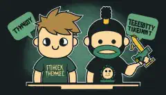 Uma imagem animada com dois personagens, um vestindo uma camiseta da HackTheBox Academy e o outro vestindo uma camiseta da TryHackMe, cada um com um balão de pensamento acima da cabeça contendo um símbolo relevante para sua plataforma e ambos os personagens em um gangorra equilibrada no meio.