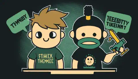 Uma imagem animada com dois personagens, um vestindo uma camiseta da HackTheBox Academy e o outro vestindo uma camiseta da TryHackMe, cada um com um balão de pensamento acima da cabeça contendo um símbolo relevante para sua plataforma e ambos os personagens em um gangorra equilibrada no meio.