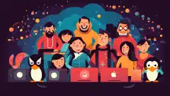 Uma ilustração mostrando um grupo diversificado de usuários de computador usando diferentes distros Linux com sorrisos no rosto, mostrando a facilidade e a inclusão do Linux para iniciantes