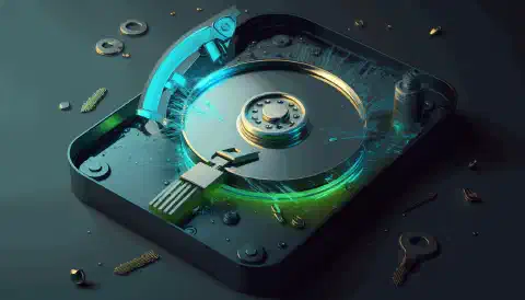 Uma imagem de um disco rígido sendo apagado com segurança usando software de sanitização de dados, com um cadeado ou um escudo simbolizando segurança em primeiro plano