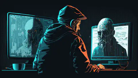 Uma imagem de uma pessoa sentada em um computador com uma expressão preocupada enquanto um hacker ou cibercriminoso é mostrado na tela, representando os perigos das ameaças cibernéticas e a importância da segurança cibernética
