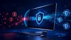Uma ilustração de uma tela de computador exibindo uma interface futurista de navegador de privacidade com símbolos abstratos de proteção de dados e criptografia contra um fundo azul-marinho escuro.