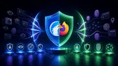 Uma ilustração mostrando uma paisagem digital com uma estrutura em forma de escudo simbolizando privacidade, cercada por ícones vibrantes representando proteção de dados, contra um fundo escuro.