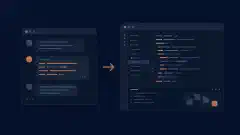 Conversa no terminal e espaço de trabalho gráfico de programação ligados por uma seta de transferência de sessão sobre fundo escuro