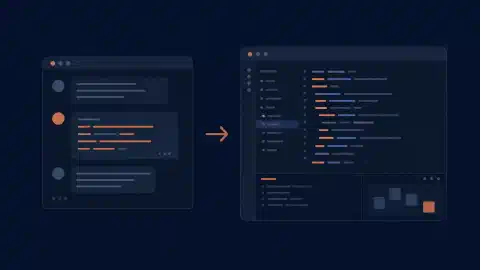 Conversa no terminal e espaço de trabalho gráfico de programação ligados por uma seta de transferência de sessão sobre fundo escuro