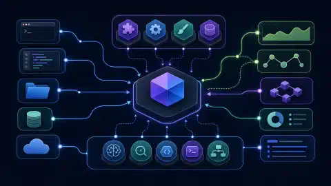 Ícones de ferramentas azuis e roxos, pastas e painéis abstratos de gráficos conectados a um núcleo geométrico central sobre fundo escuro