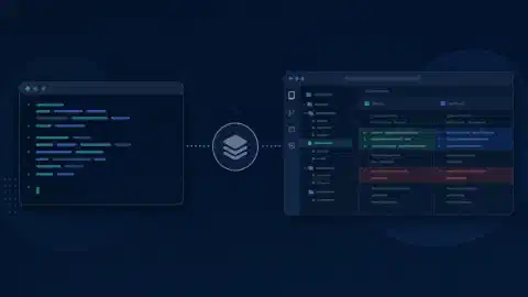 Espaços de programação no terminal e no desktop ligados a um símbolo de repositório com detalhes turquesa e azuis