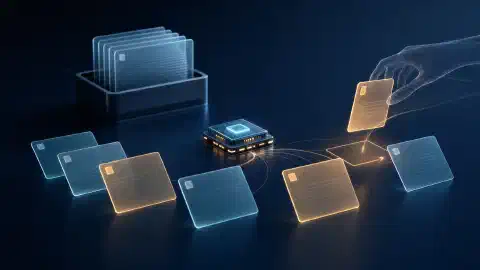 Processador luminoso ao lado de cartões translúcidos de documentos reorganizados e uma pilha de arquivo separada sobre uma superfície escura