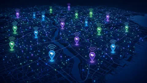 Um mapa interativo exibindo marcadores coloridos indicando localizações de câmeras ALPR do Flock Safety, com sinais WiFi abstratos emanando dos marcadores sobre um fundo escuro.